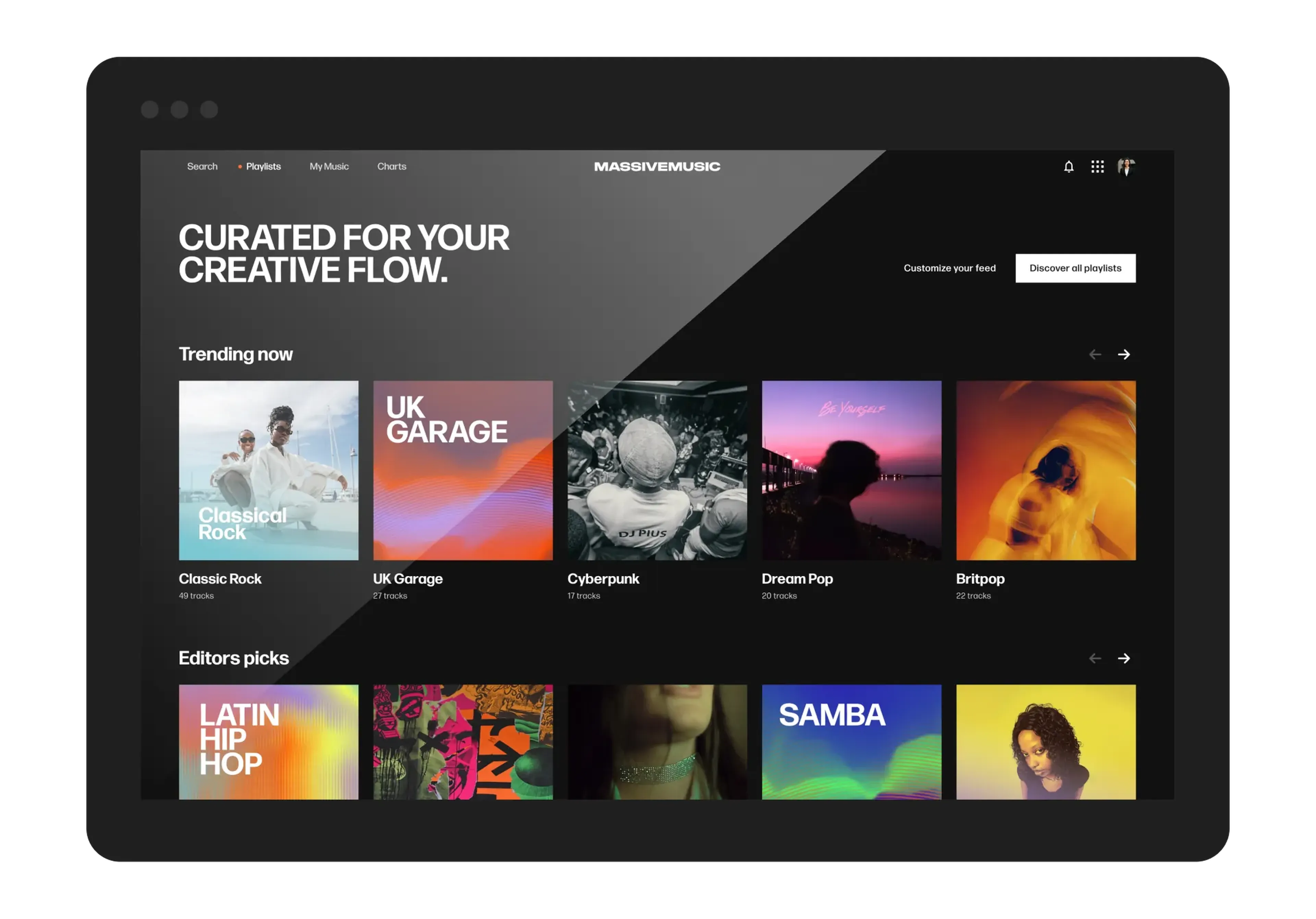 MassiveMusic playlist library in a browser window, curated tracks for brands and agencies on social