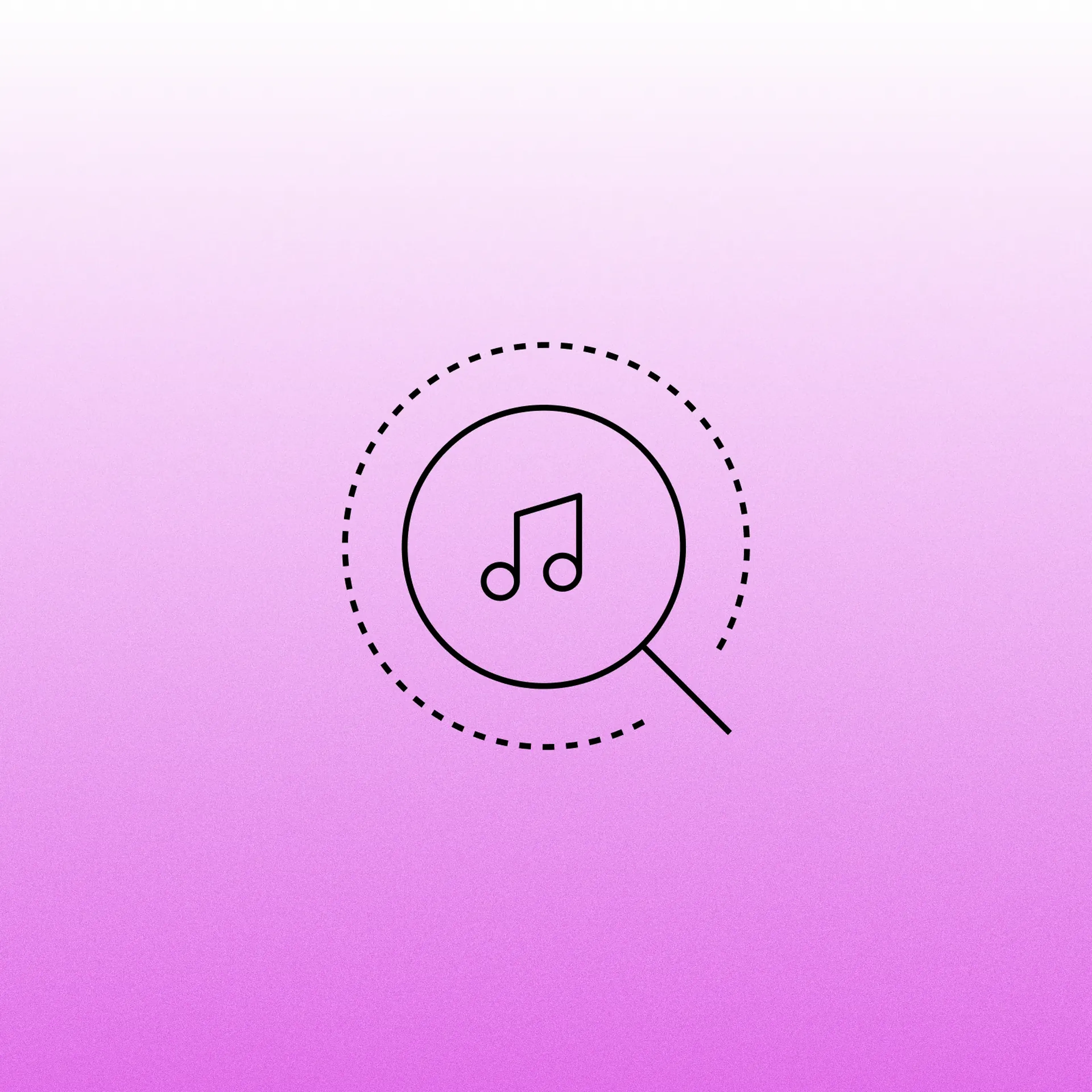 Line icon of a magnifying glass over a music note in a dotted circle, representing searching a catalogue