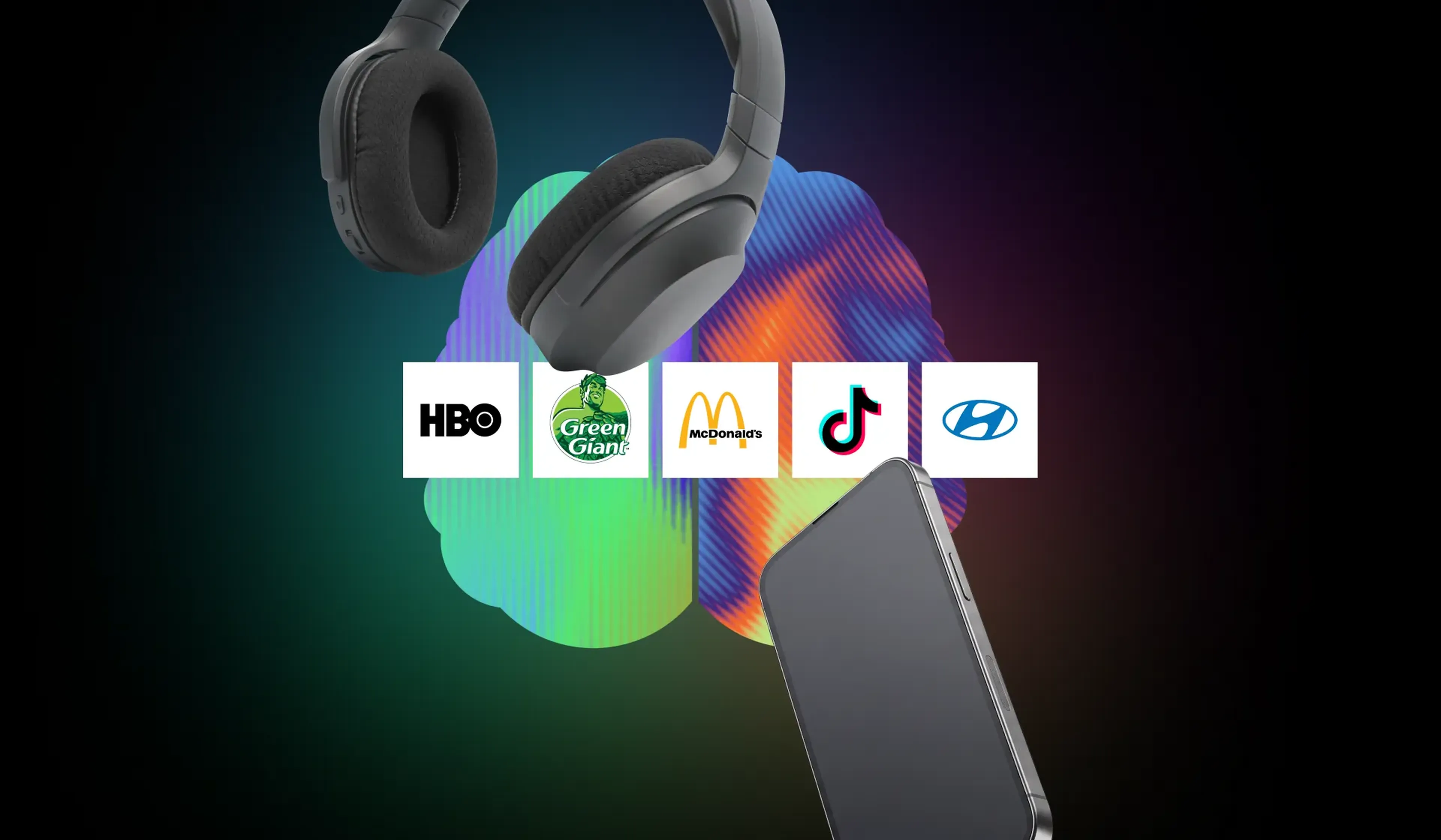 Headphones, a phone and a brain behind logos of HBO, McDonald's and Hyundai, brands with memorable sonic logos
