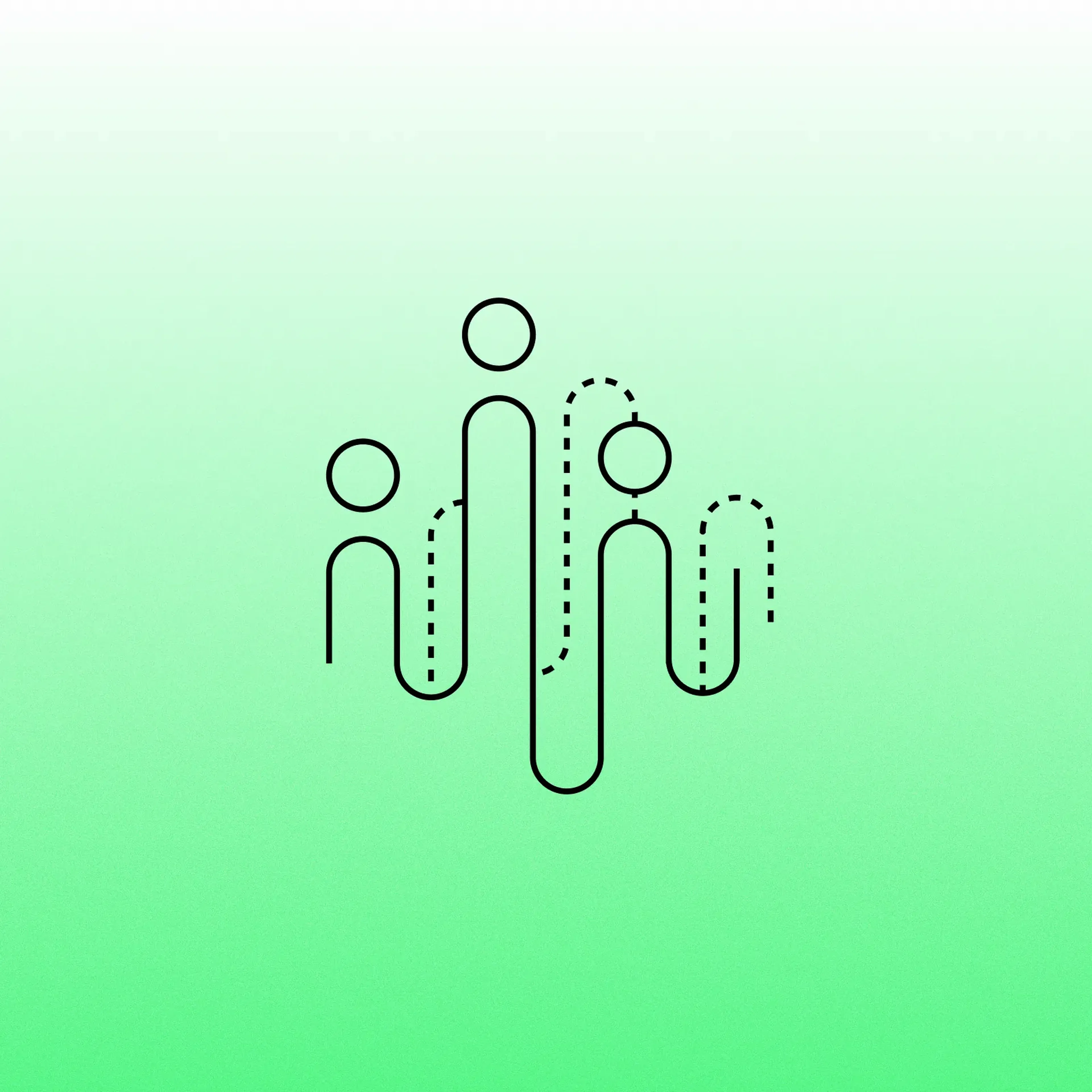 Line icon of two people standing among rounded waveform columns, representing listeners and sound