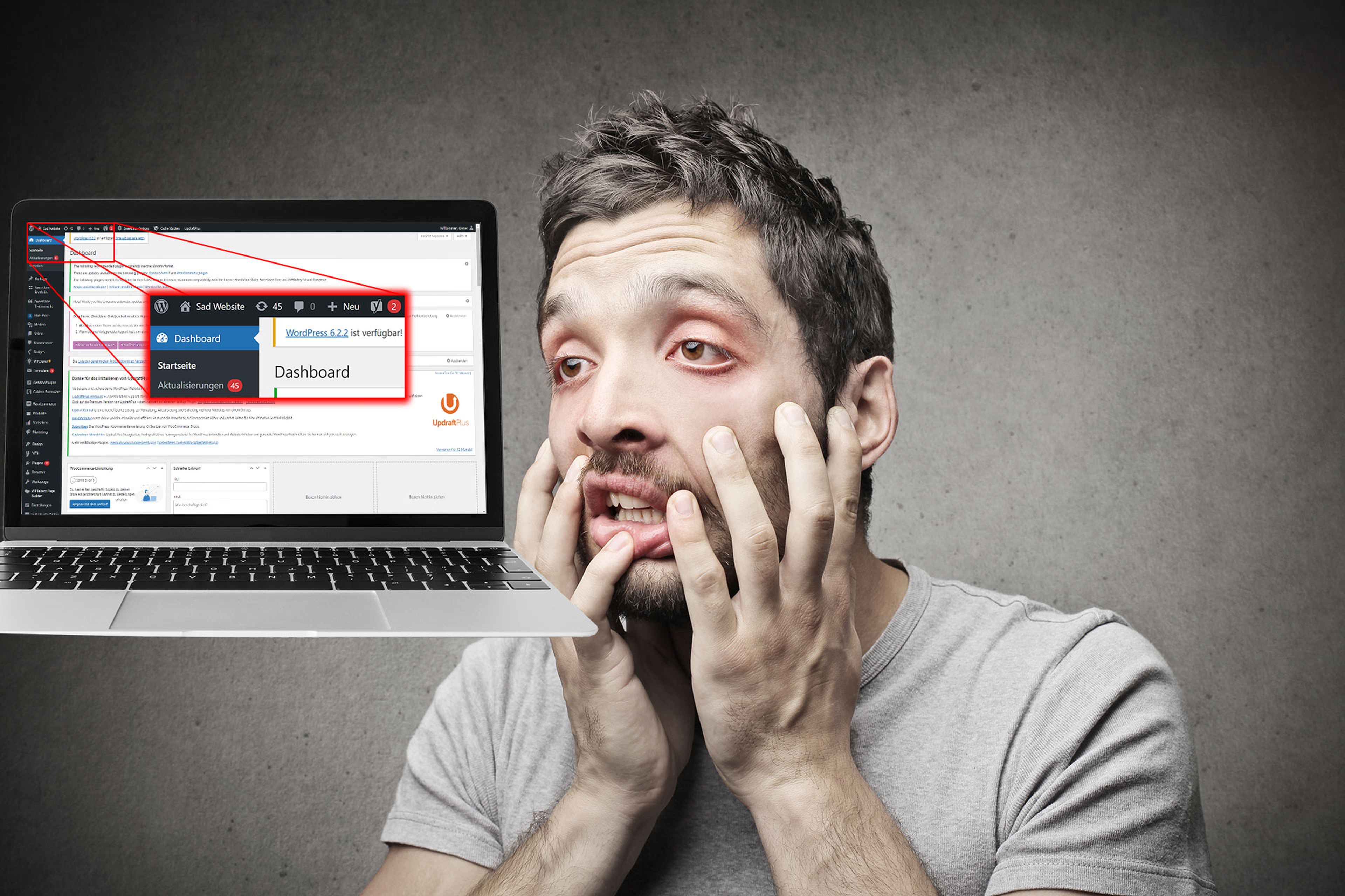 Ein sichtbar verzweifelter User vor einem WordPress Admin Screen mit vielen Updates