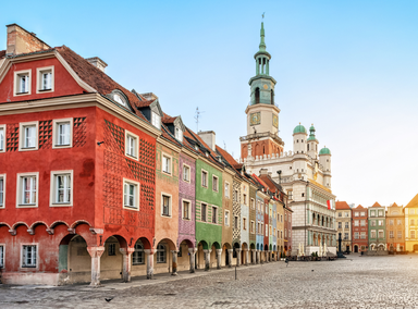  Rynek square with small colorful houses and old Town Hall in Poznan, Poland