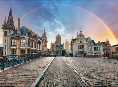 A rainbow over the old town of Ghent, Belgium