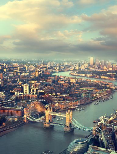 An aerial view of London and Tower Bridge