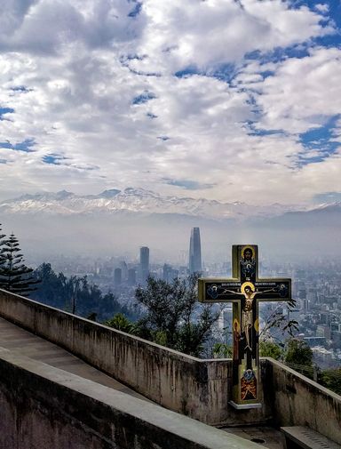 The path up Cerro San Cristobel with a view of Santiago in the background