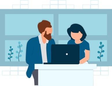 Illustration of person with red beard and person with blue hair looking at laptop