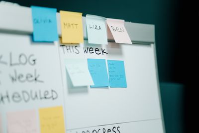 Close up of a scrum board with post-its on