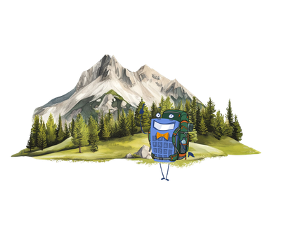 A whimsical cartoon character with a backpack stands happily in front of a lush, green landscape with tall trees and a snow-capped mountain.