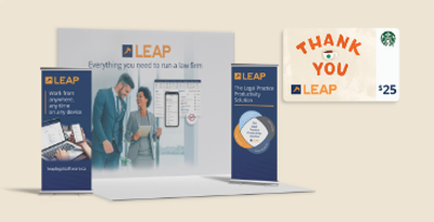 Booth of LEAP software and picture of gift card worth $25