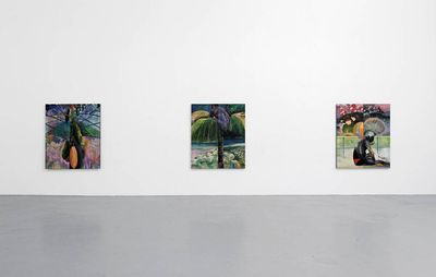 installation view of three tropical paintings