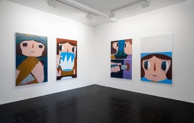 installation view of four cartoon paintings hung on two white walls