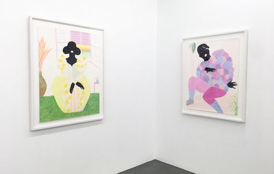 installation view of two white walls, each with a figurative painting of a black woman on it