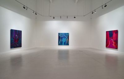 installation view of white walls with three large paintings spread out