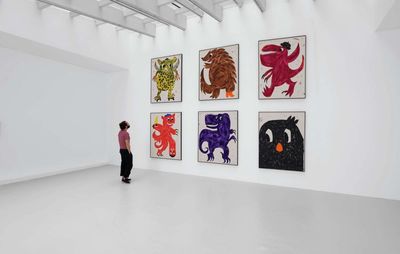 installation view of six same-sized rectangular paintings arranged on a wall