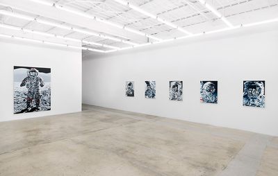 installation view of gallery walls with six paintings of astronauts