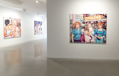 installation view of three large figurative paintings 