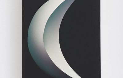 Artwork showing a moon shape, black background
