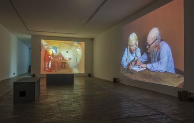 Large projections of Paul McCarthy's artwork
