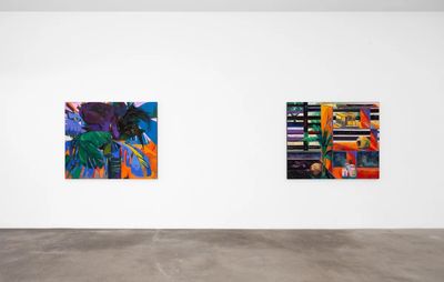 installation view of two colourful paintings