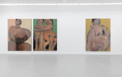 installation view of three abstract portraits hung on a white wall