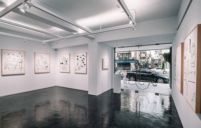 A white gallery featuring some of Yu Nagaba's iconic line drawings, with glass doors at the front of the studio leaving out onto the street