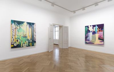 installation view of white walls with a white door flanked by two large square paintings on separate walls