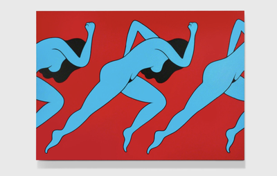 Blue females with black hair in a running position, red background
