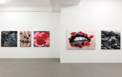 installation view of five paintings by Gina Beavers