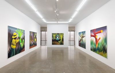 Five paintings hung in a light spacious Gallery on three walls