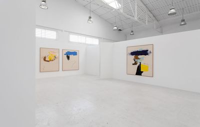 installation view of three large abstract paintings on white walls