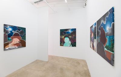 installation view of four large paintings by Imon Boy