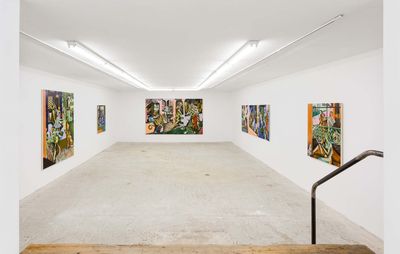 installation view of a large room with white walls displaying five Jessie Makinson paintings