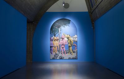 installation view of large satirical religious painting in a blue room