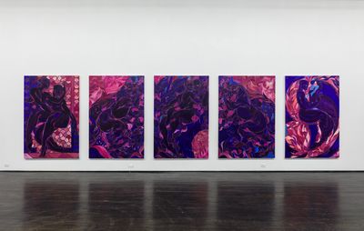 line of five large paintings on a white wall each composed primarily of purples and pinks
