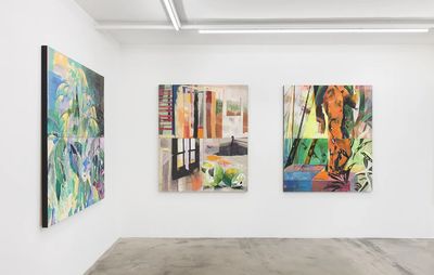 installation view of three tropical paintings on a white wall