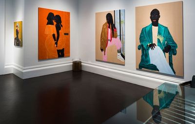installation view of three large figurative paintings hung on white gallery walls