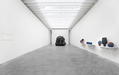 Bright, white gallery space with a large black sculpture towards the back of the room, smaller sculptures on shelves