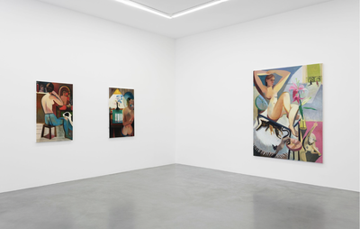 three paintings by Danielle Orchard hanging on two white walls at Perrotin gallery