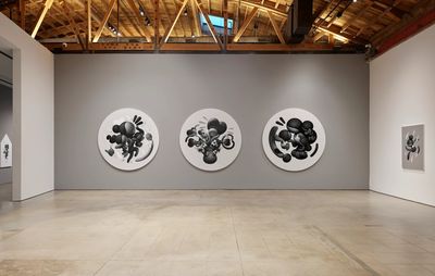 Installation view of grey wall with three monochromatic tondo paintings hung on it