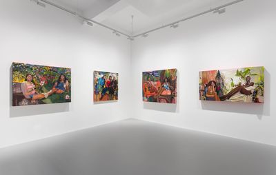installation view of four paintings on white walls