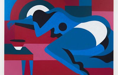 Woman figure lying down, shades of blue and pink