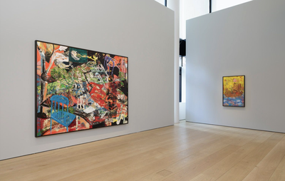 installation view of two white walls with one small and one large colourful painting hung up 