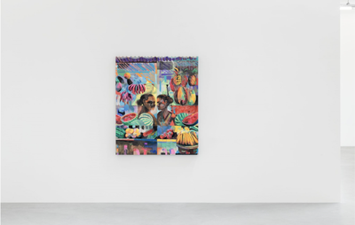 installation view of one brightly coloured paintings on a white wall