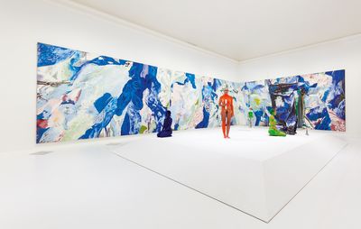 installation view of large painting spanning two adjacent walls with figurative sculptures placed in the space before it