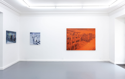 installation view of three paintings of varying colours and sizes placed in a white exhibition space