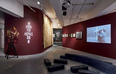 installation view of red walls with exhibition title on, a sculpture and paintings hung up