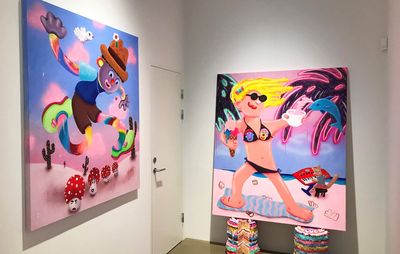 installation view of two brightly coloured pop art inspired works by artist Super Future Kid