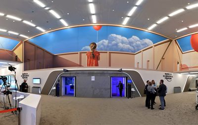 installation view of a mural inside a large business conference centre
