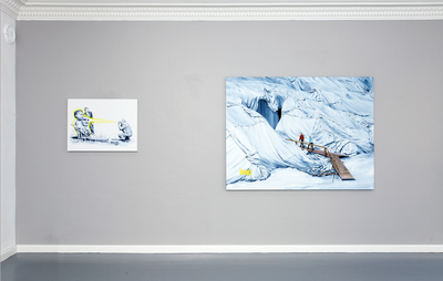 installation view of grey wall with two paintings hung on it of varying sizes