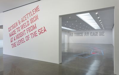 Weiner's work displayed on a white wall in a gallery space
